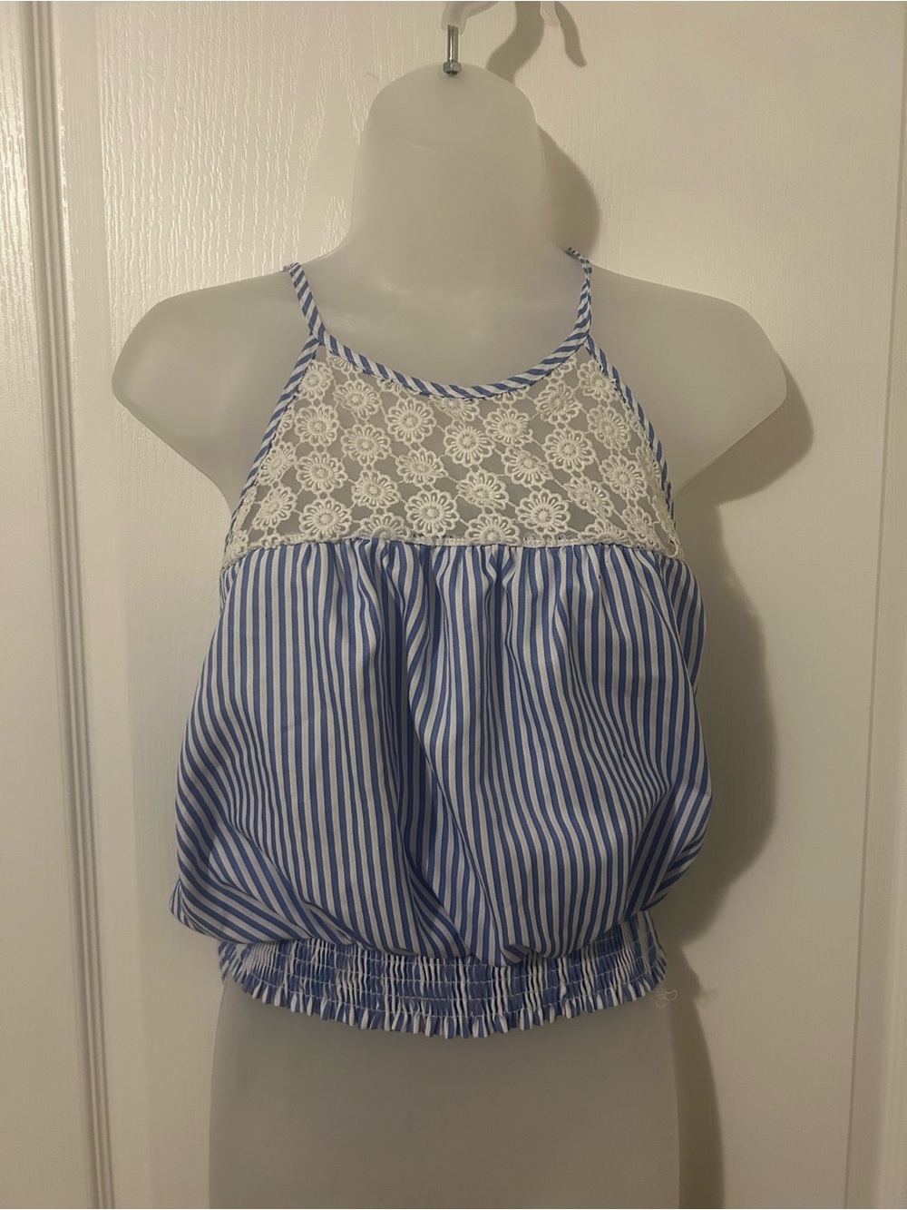 Blue & White Striped Lace Yoke Halter Top